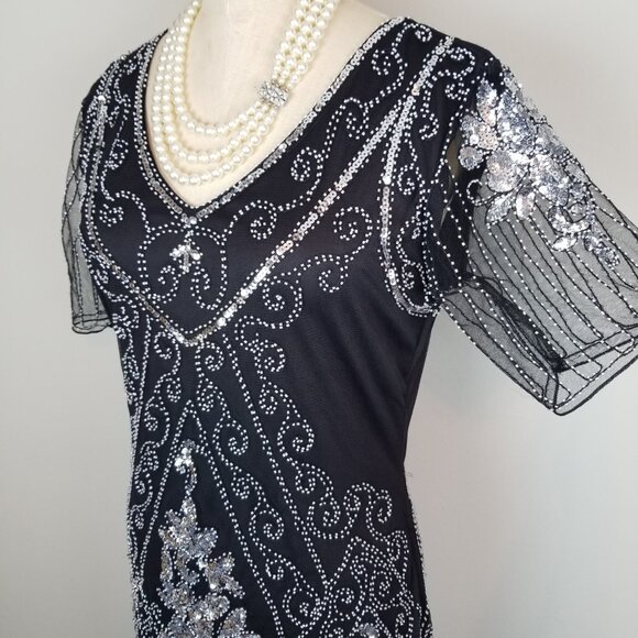 Classic 1920's Style Black Organza Beaded Flapper Style Dress NEW w/Tags Large - Picture 3 of 12
